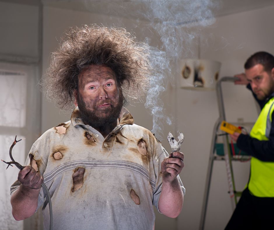 man frowning after being shocked by electrical wires. Hair standing on end, burn holes in his white t-shirt. Smoke coming off burnt wires he's holding.