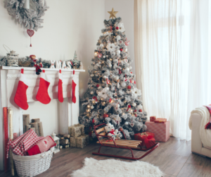 living room decorated for christmas with a christmas tree