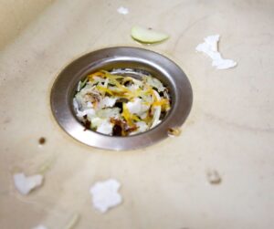 Food clogging a garbage disposal in a sink.