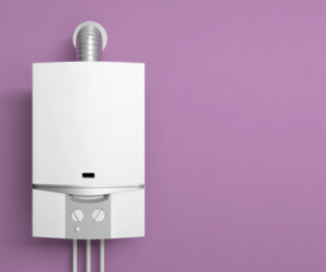 tankless water heater attached to purple wall