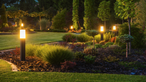 Landscaped lawn with lighting throughout