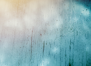 A fogged-up window, indicating high humidity levels in a home